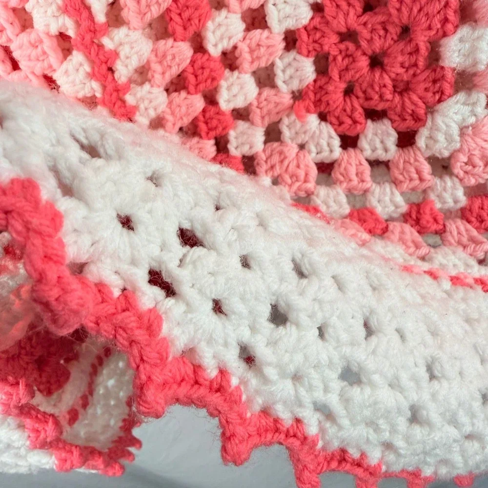 Large Handmade Crocheted Blanket Red Pink White Granny Square 84x130 Cottagecore